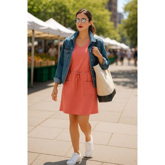 32 Degrees Cool Salmon Pink Short Sleeve Casual Dress Medium Stretch Pockets Sof - Picture 1 of 10